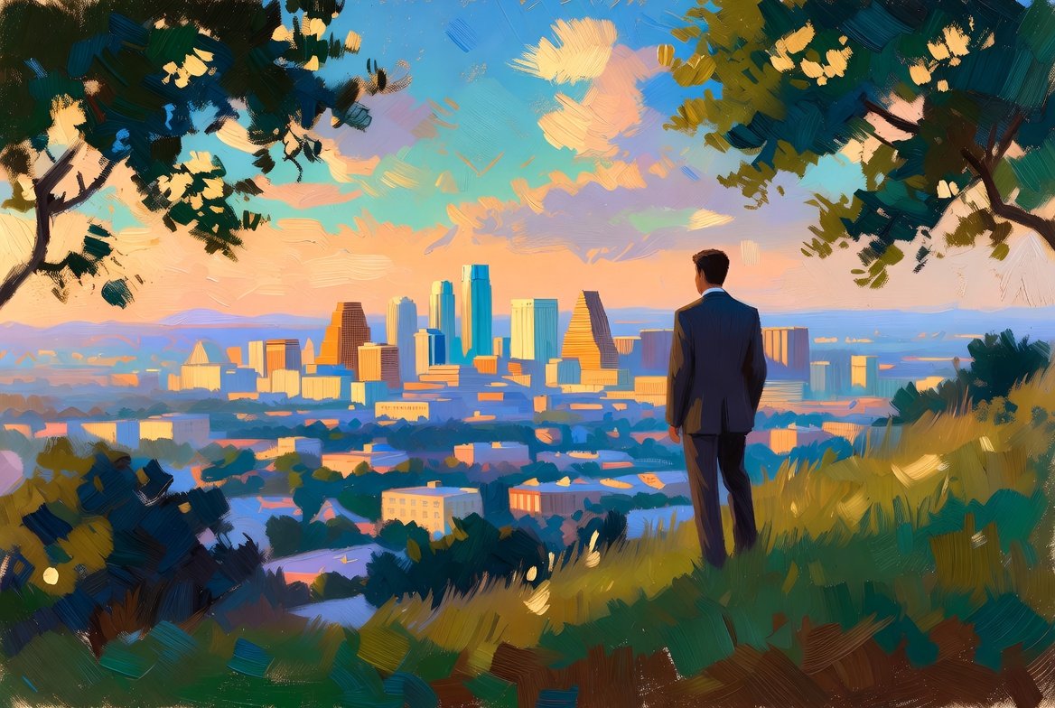 An operator on a hillside looking out over a city at dusk
